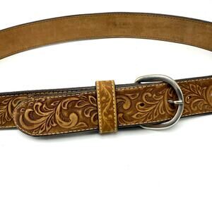 Justin Western Scroll Tooled Belt 36 Brown Top Grain Leather Cowboy Made in USA